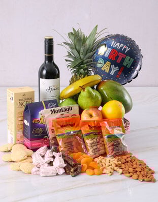 Happy Birthday Delicious Fruit And Wine Basket